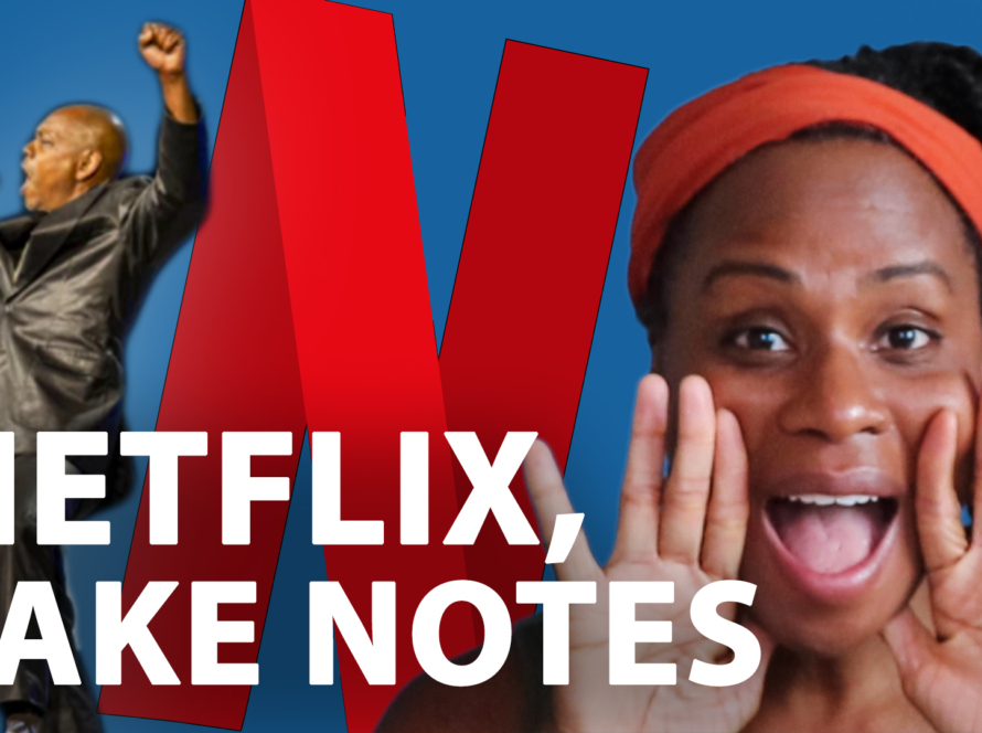 Sonia is wearing an orange headband and has her hands raised to her mouth, in front of a blue background. There is the Netflix N logo, and a picture of Dave Chappelle beside it.
