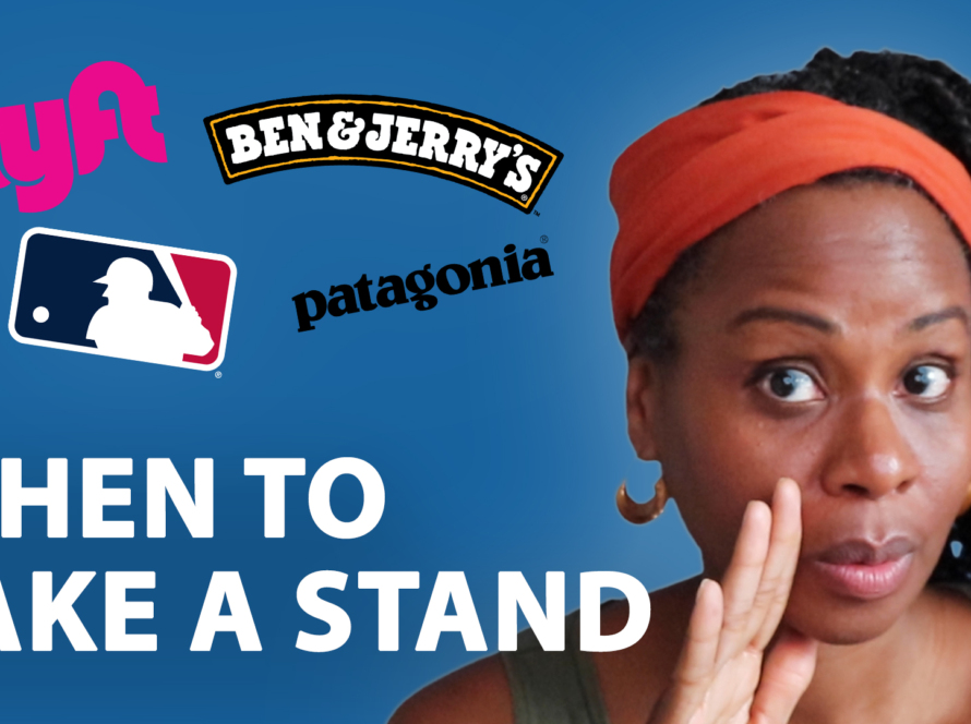 Sonia is wearing an orange headband, her right hand near her mouth, with a blue background and the Lyft, Ben & Jerry's, Patagonia and MLB logos.