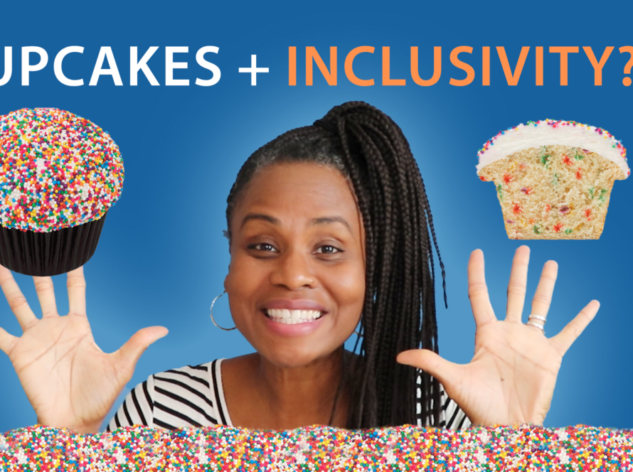 Sonia is smiling, with her hands palms up. She wears a black and white striped shirt. On a blue background we can see two cupcakes, we can also read "Capcakes + Inclusivity?