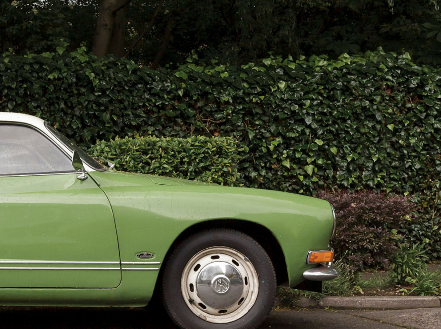 In the image we can see the trunk of an old green car, with a white roof