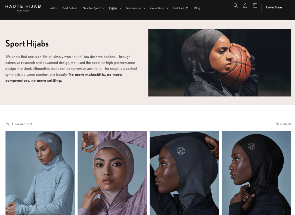 A screenshot of the Haute Hijab webpage. It includes Sports Hijabs, showing a brown-skinned woman holding a basketball on her shoulder. She is looking serious, and has a black hijab, and a black sports jacket. Below her are four images of women all in sports hijabs that match their sports wear. One woman is wearing a grey sport hijab with a grey sweater. Another a pink hijab with a pink sports sweater. Another with a grey hijab with a black sweater. And the last one with a black hijab and a black sweater. All this images of the four women showcase the Haute Hijab logo on the hijabs.