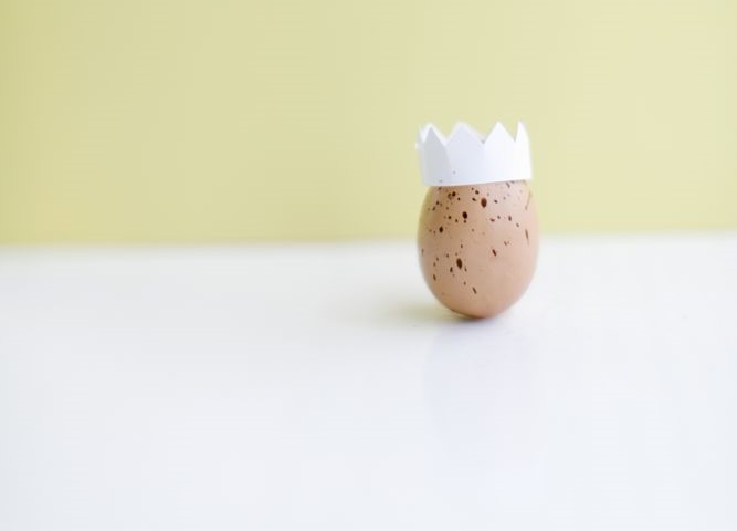 In the image we can see a colored egg, with a white paper crown.