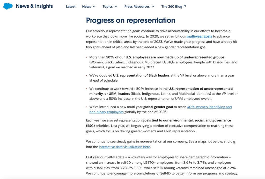 An image of Salesforce "progress on representation" blog post. The brand talks about wanting their workplace to be more representative of society, and they incorporate stats on their goals and how they are progressing toward achieving those goals. Noteworthy are that more that 50% of US employees are now made up of underrepresented groups.