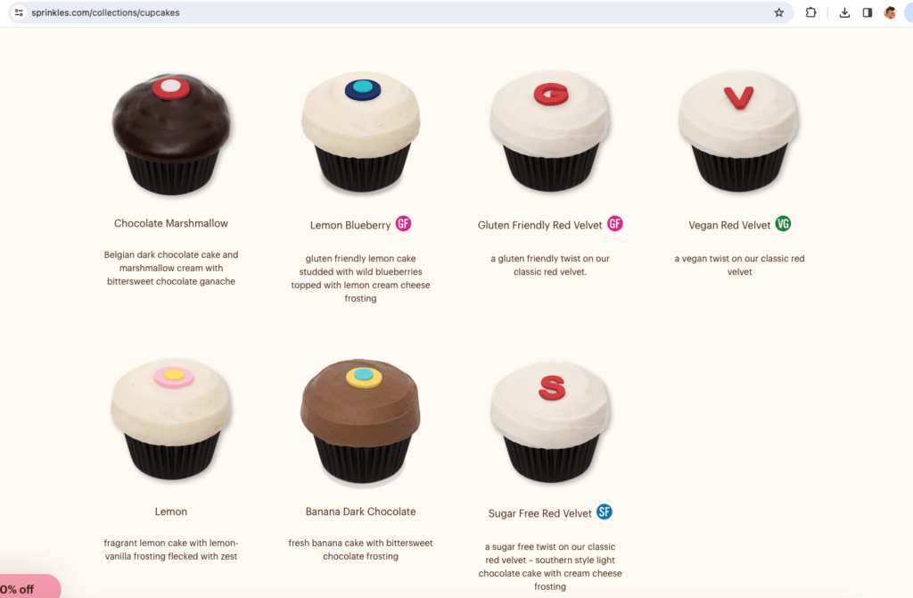 Sprinkles Bakery screenshot of their website showcasing photos of 7 cupcakes on 2 lines. 3 of the 7 cupcakes cater to people with dietary restrictions, one gluten-free red velvet, that is labeled GF, and has a red sugar G on top of he cupcake frosting. There's a vegan red velvet that is labeled with a VG beside the name, and has a red sugar V on top of the frosting. And then there's a sugar free red velvet, that has an SF label, with a red S on top of the cupcake frosting. The other flavors shown are chocolate marshmallow, lemon blueberry -- which is also labeled GF, lemon, and banana dark chocolate.