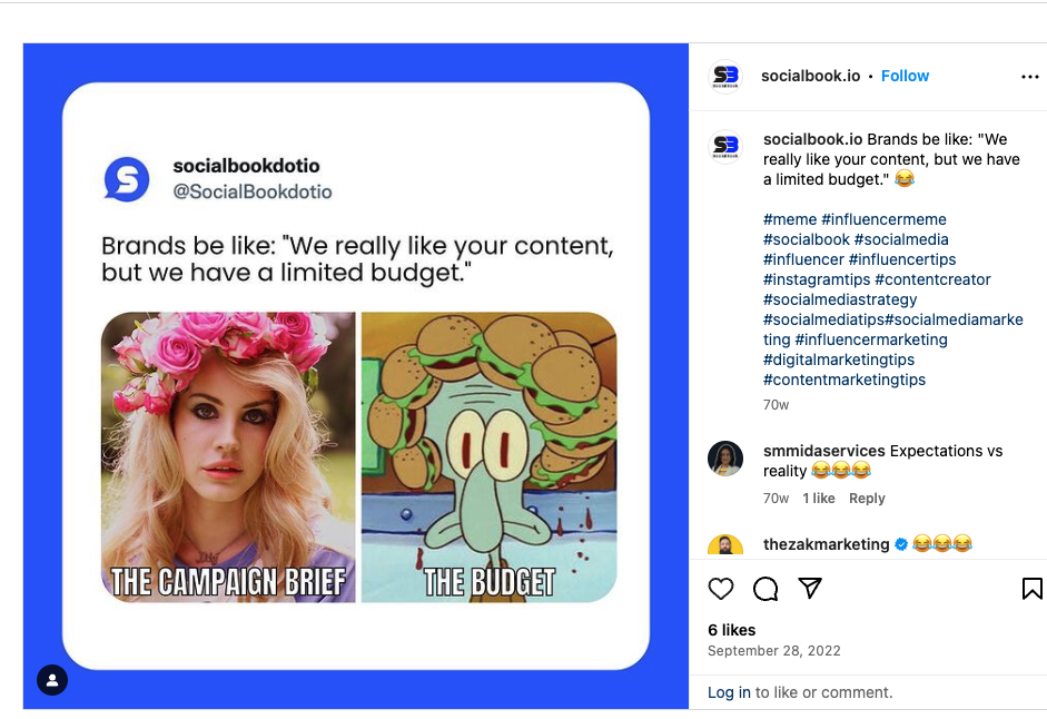 Copy on an Instagram post that says, “Brands be like: we really like your content, but we have a limited budget”

Then, below that statement, are two images. The first, 

The campaign brief: a blonde white woman, fully made up with flowers on her head

The second image is beside it -- 
The budget: A distressed cartoon character with hamburgers on his head.

The caption for this post says, "Brands be like: We really like your content, but we have a limited budget"
