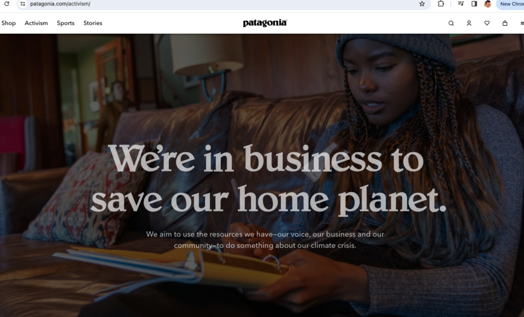 A screenshot of the activism page on the Patagonia website. The image showcases a Black woman wearing a beanie over her long braids. She's sitting on a brown leather couch writing in a notebook. She's wearing a long sleeved blue sweater. In white letters is this copy: "We're in business to save our home planet." The sub-headline is "We aim to use the resources we have -- our voice, our business and our community -- to do something about our climate crisis."