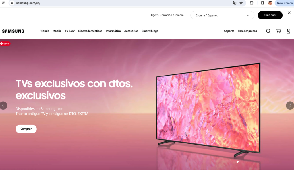 A screenshot of the Spanish language homepage of the Samsung website. At the top is the website navigation -- with everything written in Spanish. The hero image is pink -- as with another variation of pink as if it is a horizon. There is a tv on the right with a fiery pink image. And then the copy on the left of the image says "TVs exclusivos con dtos. exclusivos." The subheadline says "Disponibles en Samsong.com. Trae tu antiguo TV y consique un DTO. EXTRA." Below that is a white button that says "Comprar"